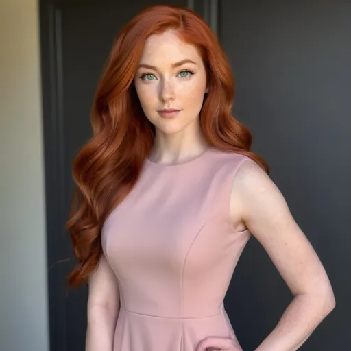 Prompt: A woman with Breathtakingly Gorgeous features. She is a Tribrid mix of a human, Spirit, and Kitsune. She has long, wavy red hair with striking grey eyes and her skin tone is a neutral olive complexion. She is six foot four taller and 198 lbs with an athletic build. She is wearing a fitted sheath dress in blush pink, crafted from a textured fabric that adds dimension. The dress features cap sleeves and a modest neckline, falling just below the knee. Paired with blush pink pumps and a matching handbag, the look is completed with a delicate necklace and simple stud earrings.