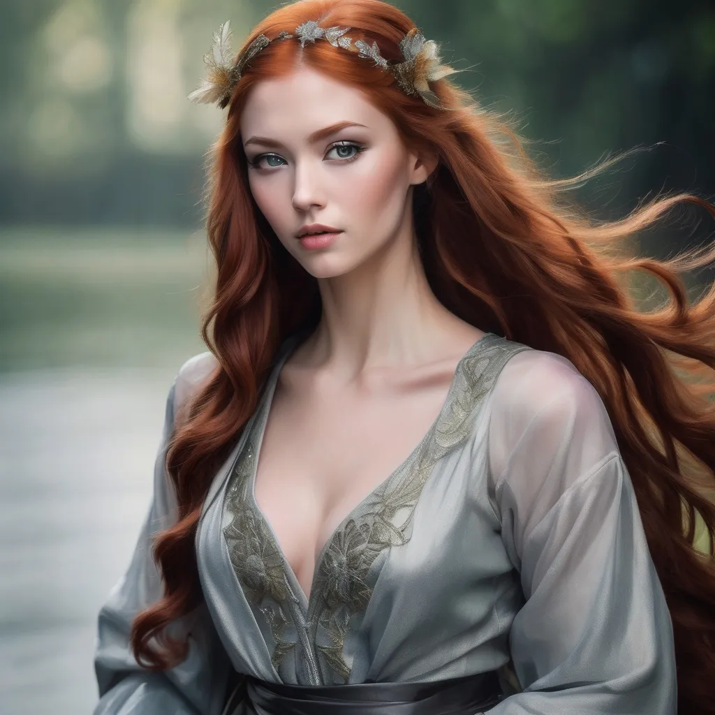 Prompt: A woman with Breathtakingly Gorgeous features. She is a Tribrid mix of a human, Spirit, and Kitsune. She has long, wavy red hair with striking grey eyes and her skin tone is an olive complexion. She is six foot four taller and 198 lbs with an athletic build. She is wearing a floor-length A-line gown in a deep navy blue colour, crafted from a luxurious chiffon fabric that flows gracefully with movement. The bodice is fitted with a sweetheart neckline adorned with intricate beadwork, while the skirt gently flares from the waist. The dress features thin, adjustable straps for a customized fit. Paired with silver strappy heels, a matching clutch, and drop earrings that reflect the gown's embellishments.