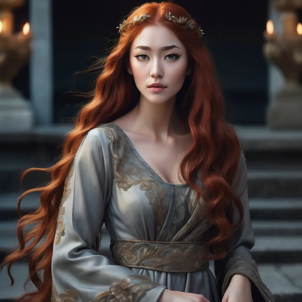 Prompt: A woman with Breathtakingly Gorgeous features. She is a Tribrid mix of a human, Spirit, and Kitsune. She has long, wavy red hair with striking grey eyes and her skin tone is an olive complexion. She is six foot four taller and 198 lbs with an athletic build. She is wearing a floor-length A-line gown in a deep navy blue colour, crafted from a luxurious chiffon fabric that flows gracefully with movement. The bodice is fitted with a sweetheart neckline adorned with intricate beadwork, while the skirt gently flares from the waist. The dress features thin, adjustable straps for a customized fit. Paired with silver strappy heels, a matching clutch, and drop earrings that reflect the gown's embellishments.