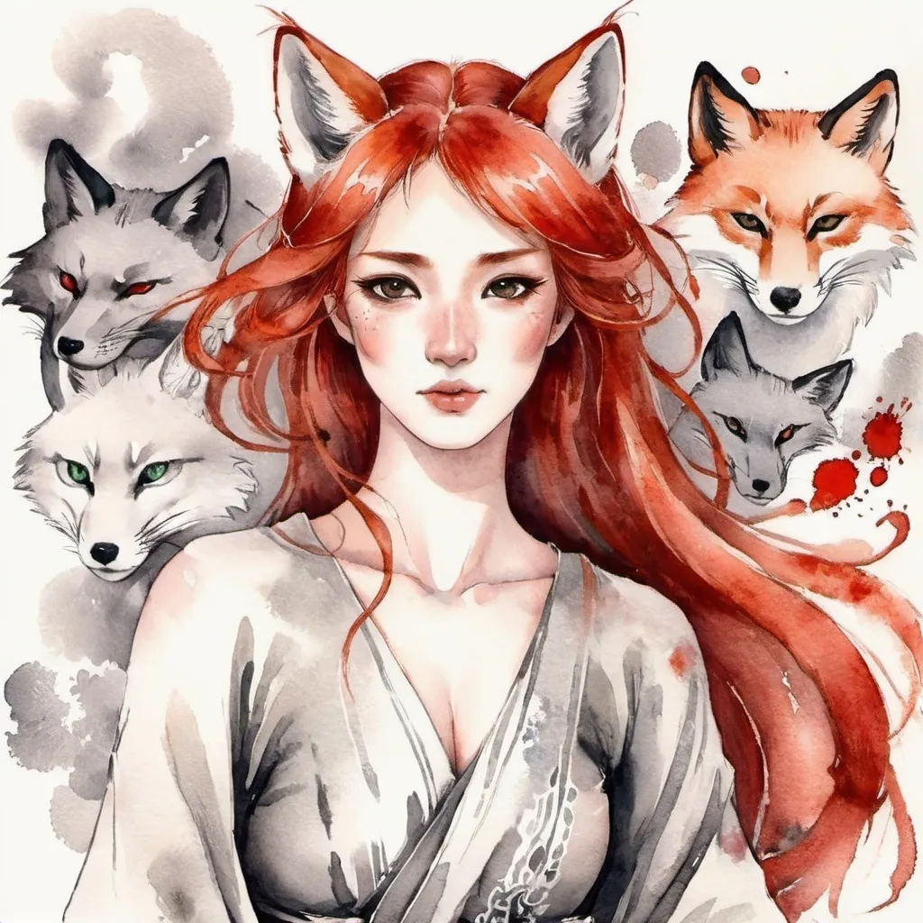 Prompt: A Tribrid woman who is a mix of a human, Spirit, and Kitsune. She is quarter Spirit, quarter Kitsune, and half-human. She has Breathtakingly Gorgeous features that are beyond this world. She is a very attractive Tribrid. She has red hair and grey eyes.