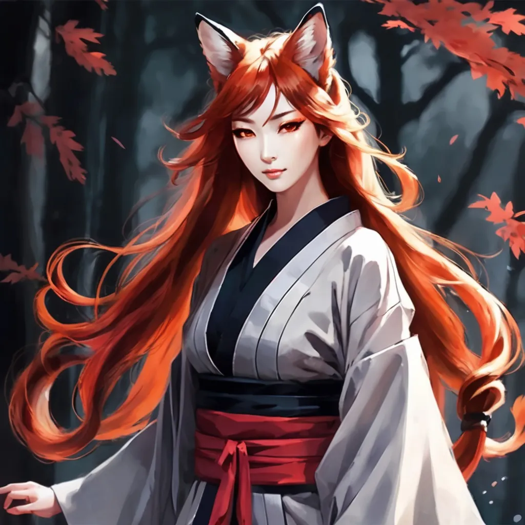 Prompt: A Breathtakingly Gorgeous woman who is a Tribrid mix of a human, Spirit, and Kitsune. She has long, wavy red hair that falls to the knees and striking grey eyes. She has soft fox ears and five tails. She is six foot four taller and 198 lbs with an athletic build. She is currently wearing a long black kimono. She is surrounded by ghosts, spirits, and other Yokai.