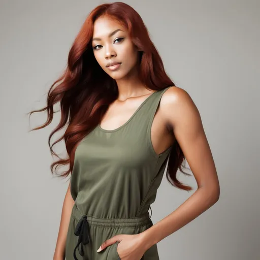 Prompt: A woman with Breathtakingly Gorgeous features. She is a Tribrid mix of a human, Spirit, and Kitsune. She has long, wavy red hair with striking grey eyes and her skin tone is an olive complexion. She is six foot four taller and 198 lbs with an athletic build. She is wearing a relaxed-fit, sleeveless jumpsuit in olive green with a cinched waist. Paired with white canvas slip-on shoes for comfort. Added with a denim jacket for cooler days and minimalistic gold hoop earrings for a hint of elegance.