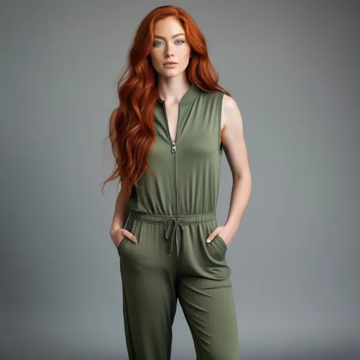 Prompt: A woman with Breathtakingly Gorgeous features. She is a Tribrid mix of a human, Spirit, and Kitsune. She has long, wavy red hair with striking grey eyes and her skin tone is a warm olive complexion. She is six foot four taller and 198 lbs with an athletic build. She is wearing a relaxed-fit, sleeveless jumpsuit in olive green with a cinched waist. Paired with white canvas slip-on shoes for comfort. Added with a denim jacket for cooler days and minimalistic gold hoop earrings for a hint of elegance.