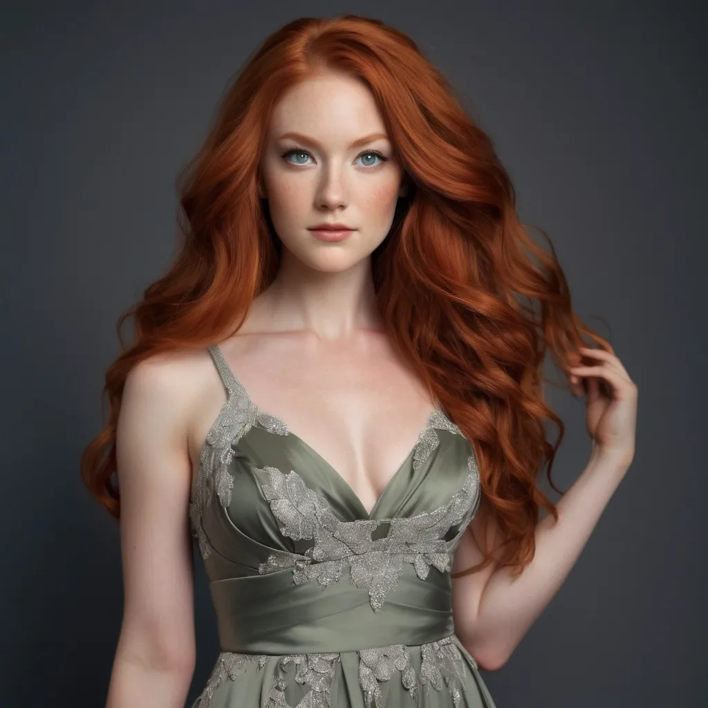 Prompt: A woman with Breathtakingly Gorgeous features. She is a Tribrid mix of a human, Spirit, and Kitsune. She has long, wavy red hair with striking grey eyes and her skin tone is a warm olive complexion. She is six foot four taller and 198 lbs with an athletic build. She is wearing a floor-length A-line gown in a deep navy blue colour, crafted from a luxurious chiffon fabric that flows gracefully with movement. The bodice is fitted with a sweetheart neckline adorned with intricate beadwork, while the skirt gently flares from the waist. The dress features thin, adjustable straps for a customized fit. Paired with silver strappy heels, a matching clutch, and drop earrings that reflect the gown's embellishments.