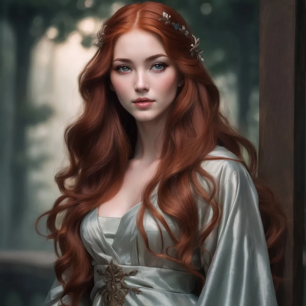 Prompt: A woman with Breathtakingly Gorgeous features. She is a Tribrid mix of a human, Spirit, and Kitsune. She has long, wavy red hair with striking grey eyes and her skin tone is a warm olive complexion. She is six foot four taller and 198 lbs with an athletic build. She is wearing a floor-length A-line gown in a deep navy blue colour, crafted from a luxurious chiffon fabric that flows gracefully with movement. The bodice is fitted with a sweetheart neckline adorned with intricate beadwork, while the skirt gently flares from the waist. The dress features thin, adjustable straps for a customized fit. Paired with silver strappy heels, a matching clutch, and drop earrings that reflect the gown's embellishments.