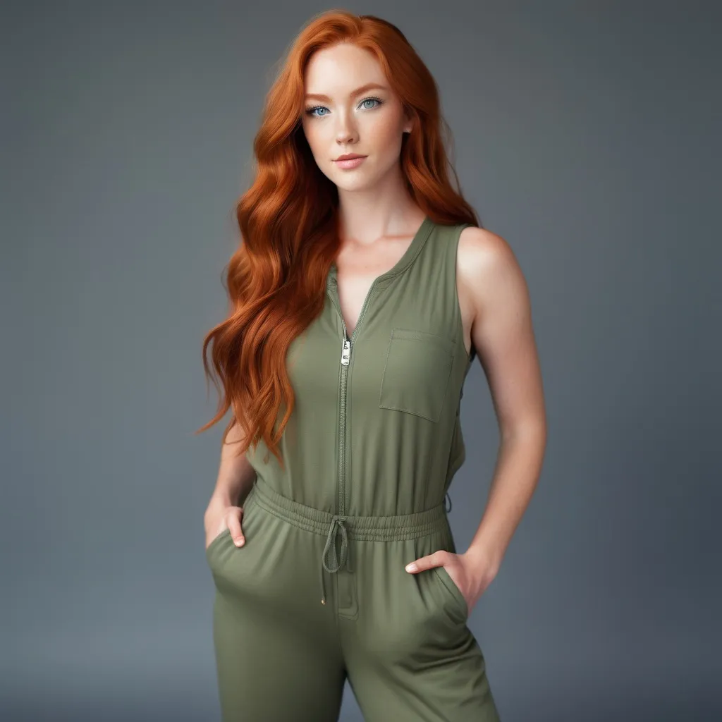 Prompt: A woman with Breathtakingly Gorgeous features. She is a Tribrid mix of a human, Spirit, and Kitsune. She has long, wavy red hair with striking grey eyes and her skin tone is a light tan complexion. She is six foot four taller and 198 lbs with an athletic build. She is wearing a relaxed-fit, sleeveless jumpsuit in olive green with a cinched waist. Paired with white canvas slip-on shoes for comfort. Added with a denim jacket for cooler days and minimalistic gold hoop earrings for a hint of elegance.