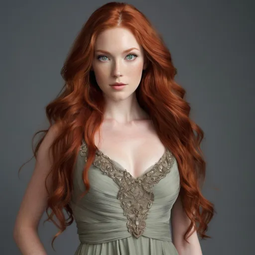 Prompt: A woman with Breathtakingly Gorgeous features. She is a Tribrid mix of a human, Spirit, and Kitsune. She has long, wavy red hair with striking grey eyes and her skin tone is a warm olive complexion. She is six foot four taller and 198 lbs with an athletic build. She is wearing a floor-length A-line gown in a deep navy blue colour, crafted from a luxurious chiffon fabric that flows gracefully with movement. The bodice is fitted with a sweetheart neckline adorned with intricate beadwork, while the skirt gently flares from the waist. The dress features thin, adjustable straps for a customized fit. Paired with silver strappy heels, a matching clutch, and drop earrings that reflect the gown's embellishments.