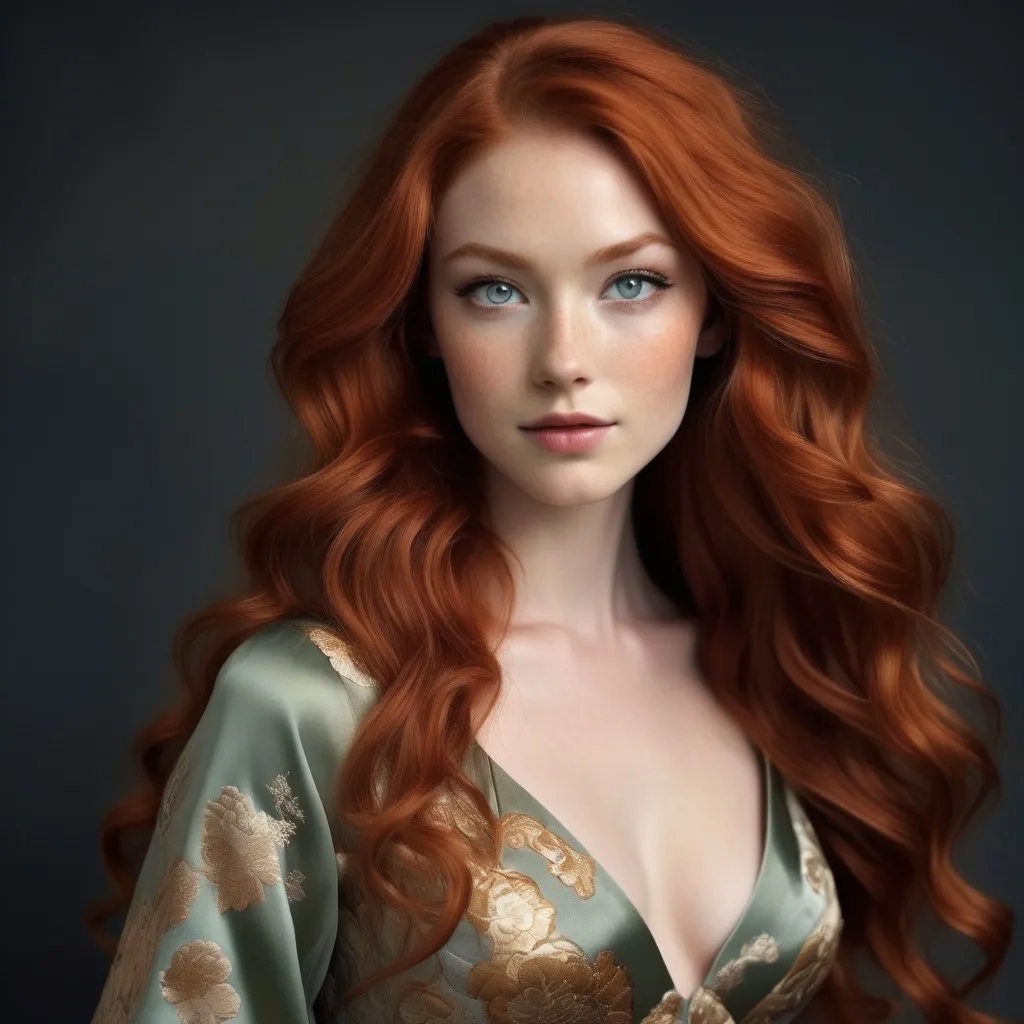 Prompt: A woman with Breathtakingly Gorgeous features. She is a Tribrid mix of a human, Spirit, and Kitsune. She has long, wavy red hair and grey eyes with a skin tone that is an olive complexion. She is six foot four taller and 198 lbs with an athletic build. She is wearing a luxurious evening dress crafted from rich brocade fabric with intricate floral patterns in gold and navy. The fitted bodice features a boat neckline and cap sleeves, leading to a full, flowing skirt. Paired with embellished heels and a clutch, this outfit radiates opulence, perfect for high-society events or charity galas.