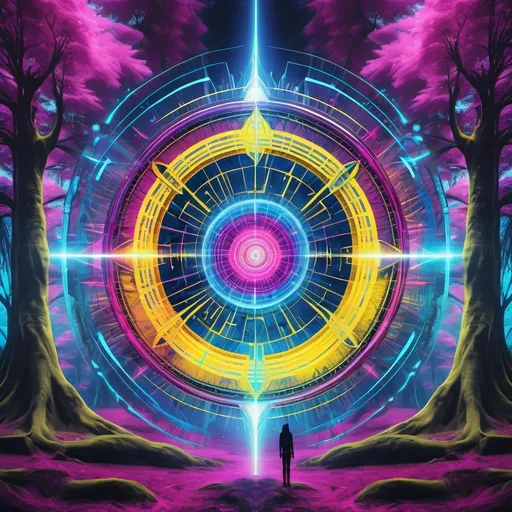 Prompt: Digital art with high-tech and futuristic elements of akashic reading, cenário in a florest and powerful colors blue magenta yellow vibrant great definition 3 entity 1 on the top and center the other 2 on de bottom 1 left 1 right. Energy fiel between the 3