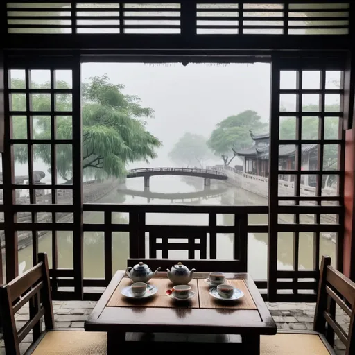 Prompt: From the inside to the outside of the window, there is a misty rain in Jiangnan, with a bridge and clear water. There are stone roads on both sides and a river crossing bridge in the middle. There is a table in the window. The table is next to the window. There are tea cups, teapots and Chinese Dim sum on the table