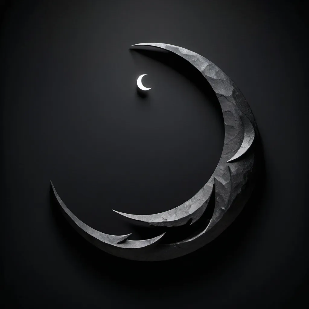 Prompt: A crescent moon intertwined with a jagged, dark shadow. The crescent moon is centrally placed, symbolizing mystery and night, with a sharp, angular shadow wrapping around it. The design is dark and foreboding, emphasizing stealth and danger