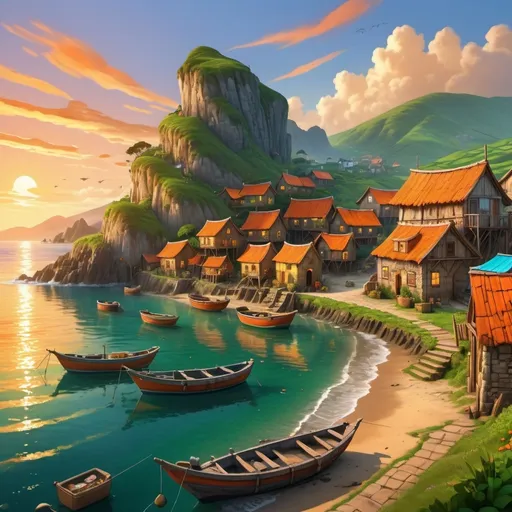 Prompt: (rundown fishing village), on the ocean shore, in fantasy style, surrounded by rolling green hills, with quaint cottages, lively villagers, fishing boats, intricate wooden docks, a serene atmosphere, warm sunset light, vibrant hues of orange and gold in the sky, detailed village market, weathered stone paths, gentle waves lapping the shore, lush vegetation, ultra-detailed, 4K, high depth cinematic