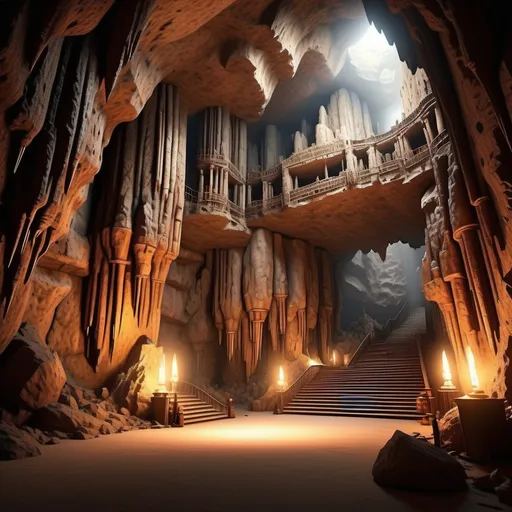 Prompt: (enormous underground cave), dramatic high ceilings,  warm ambient lighting, breathtaking depth and scale, serene atmosphere, HD, ultra-detailed, intricate textures, natural colors