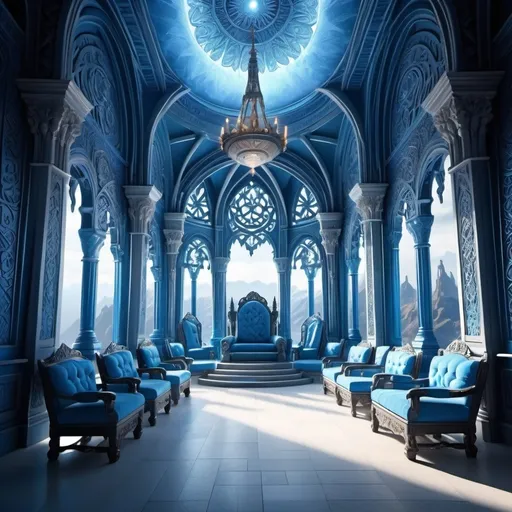 Prompt: Fantasy thrones room, (white and blue thrones), long walkway with chairs lined up, epic scenery, high ceilings with intricate patterns, majestic atmosphere, glowing ambient lighting, vibrant colors, ethereal and mystical, grand architecture, detailed carvings, lavish decorations, blue and white color scheme, fantasy realms, dramatic shadows, high resolution, ultra-detailed, cinematic feel, 4K HD, awe-inspiring mood, enchanting background, masterpiece.