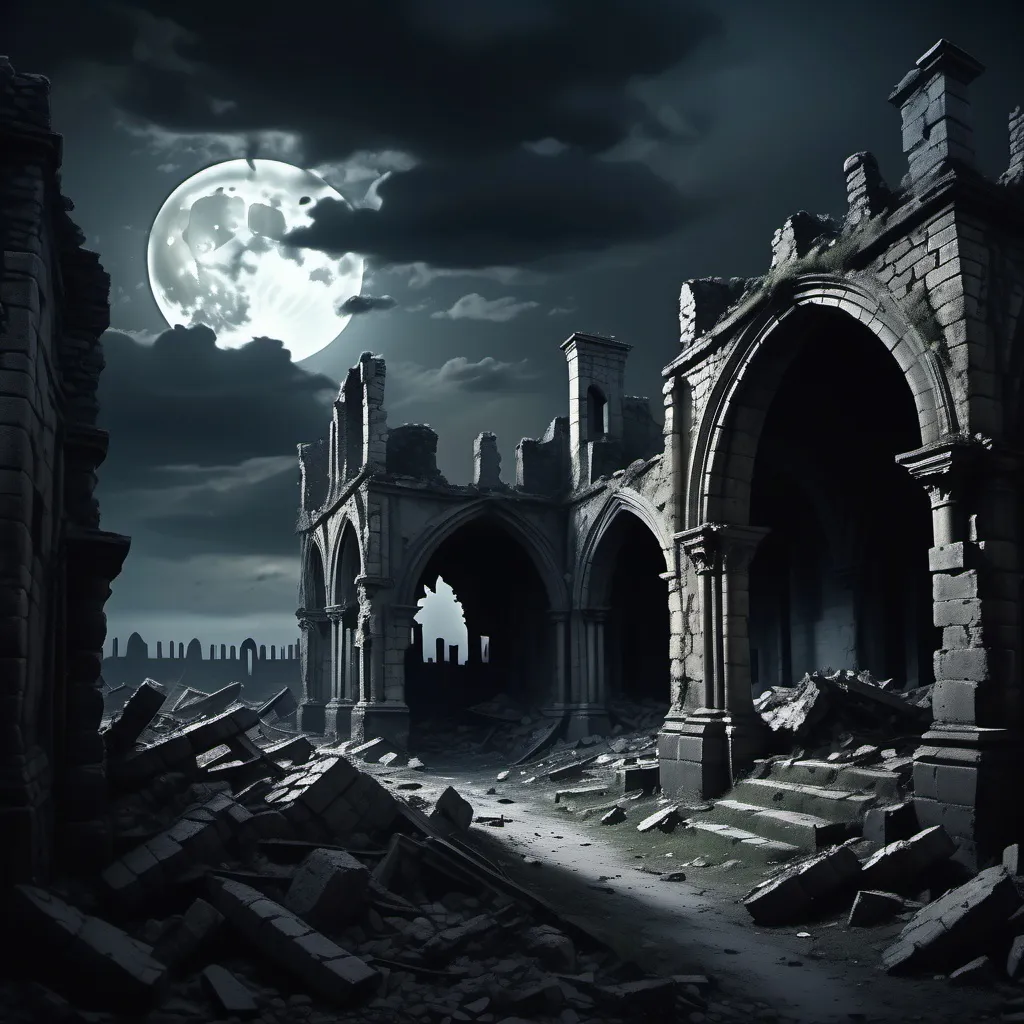 Prompt: (dark medieval ruins), ruined walls and buildings, scattered debris, a desolate landscape, (moody ambiance), soft pale moonlight casting eerie shadows,  deep shadows highlighting the destruction, somber colors, cool tones, overcast sky, (4K), alluringly grim atmosphere, (nighttime setting).