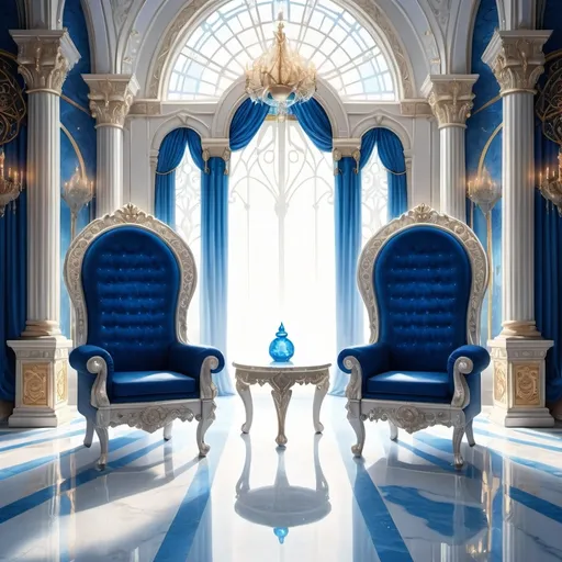 Prompt: (fantasy style throne room illustration), elegant white and blue (throne room), two ornate throne chairs, (*bright*), intricate architectural details, large arched windows, flowing blue curtains, polished marble floor, ethereal lighting, glowing chandeliers, majestic atmosphere, rich textures, serene and regal mood, detailed background elements, high fantasy elements, ultra-detailed, vibrant colors, 4K resolution