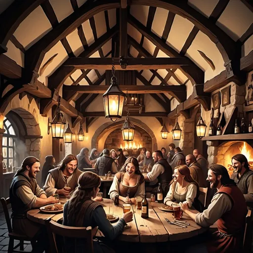 Prompt: (medieval tavern), bustling with people, crowded, 10 round tables, fantasy style, warm and rich color tones, dimly lit atmosphere, cozy and lively mood, detailed wooden beams and stone walls, ambient firelight, rustic décor, ultra-detailed, high quality, 4K, intricate textures and patterns, busy background with patrons enjoying food and drinks, medieval attire, laughter and chatter filling the space