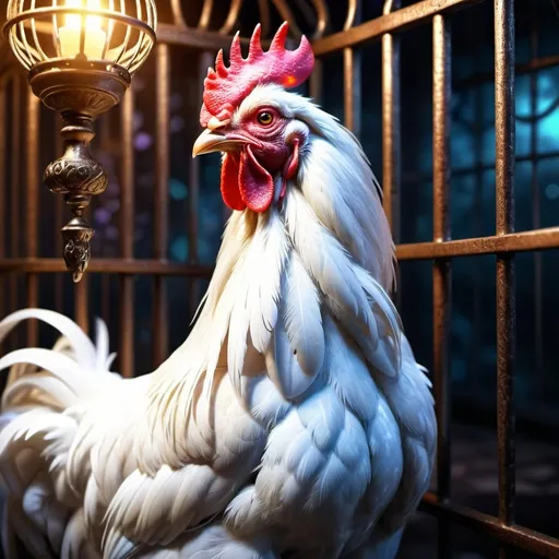 Prompt: (white rooster in a cage), fantasy style, magical atmosphere, mystical lighting, vibrant colors, intricate cage details, enchanted aura, glowing highlights, high contrast, detailed feathers, fantastical elements, ethereal background, sparkling decorations, high quality, ultra-detailed, 4K, high depth cinematic masterpiece