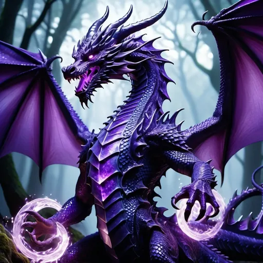 Prompt: (purple dragon), wielding (magic glaives), dramatic pose, fierce expression, intricately detailed scales shimmering in varying shades of lavender and violet, surrounded by an aura of swirling mystical energy, elements of fantasy, dynamic background with enchanted forest, high quality 4K, vibrant lighting, showcasing beauty and power in the mystical world.