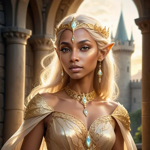 Prompt: Fantasy illustration of a light brown-skinned elf queen, ethereal and graceful, glowing magical aura, intricate golden jewelry, flowing elegant gown, castle background, high quality, fantasy, ethereal, regal, detailed features, mystical, magical, golden tones, soft lighting