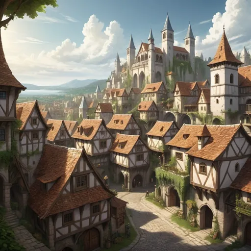 Prompt: huge bustling Medieval city, fantasy style, massive area, ancient architectural details, mystical atmosphere, village houses, lush greenery, afternoon lighting, white roofs, epic fantasy, high quality, detailed, medieval, fantasy, mystical, ancient architecture, afternoon lighting, atmospheric, grand