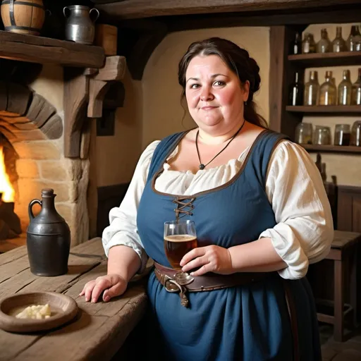 Prompt: middle aged woman, working in a medieval tavern, chubby 