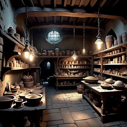 Prompt: (dark big baker's basement), fantasy style, big open space, dimly lit, no lights on, eerie atmosphere, big open space, gothic, shadowy corners, old wooden beams, dusty shelves filled with peculiar ingredients, cobwebs, worn-out stone floor, mystical objects scattered around, enchanted bakery tools, medieval elements, intricate details, muted color palette, cool tones, mysterious vibe, high contrast, high depth cinematic masterpiece, 4K, ultra-detailed.