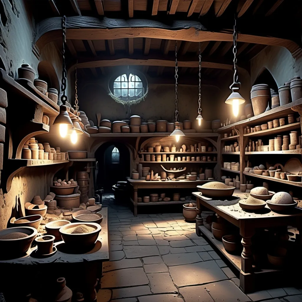 Prompt: (dark big baker's basement), fantasy style, big open space, dimly lit, no lights on, eerie atmosphere, big open space, gothic, shadowy corners, old wooden beams, dusty shelves filled with peculiar ingredients, cobwebs, worn-out stone floor, mystical objects scattered around, enchanted bakery tools, medieval elements, intricate details, muted color palette, cool tones, mysterious vibe, high contrast, high depth cinematic masterpiece, 4K, ultra-detailed.