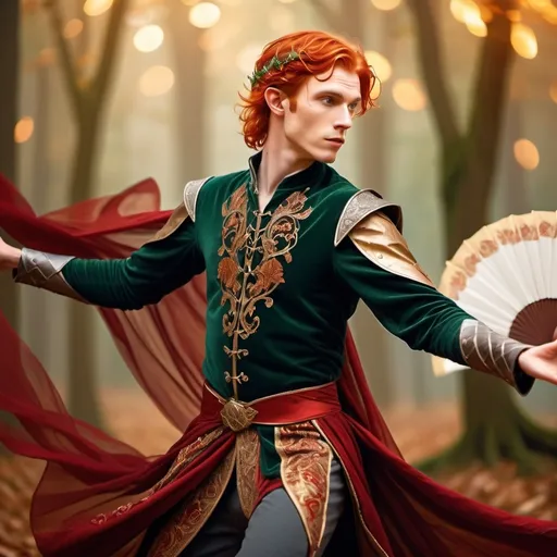 Prompt: (young elf man), handsome, vibrant scarlet red hair, elegantly dancing with (decorative war fans), adorned in intricate medieval attire, fluid and graceful movements, captivating ambiance, richly textured fabric, warm golden lighting, enchanting forest background, ethereal atmosphere, dynamic pose, ultra-detailed, high-definition image.