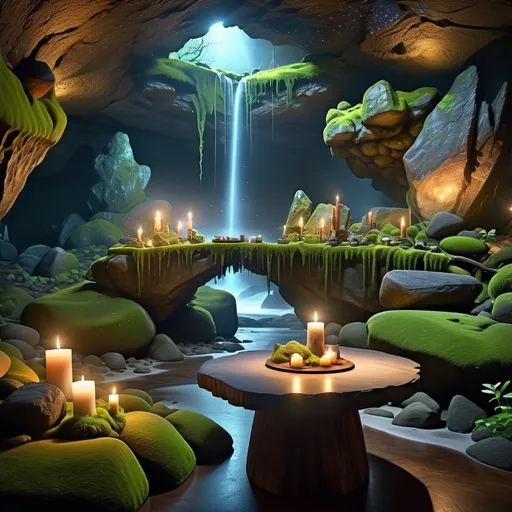 Prompt: (fantasy style beautiful open area stone cave with a stone table in the middle), small waterfall, open area, ethereal lighting, misty atmosphere, glowing water reflections, enchanted cavern, lush surroundings, mystic scene, fairy-tale vibes, intricate rock textures, bioluminescent moss, serene and magical, sparkling water droplets, waterfall cascading from above, moonlit tones, delicate highlights, hidden sanctuary, tranquil ambiance, cinematic depth, high quality, ultra-detailed, 4K.