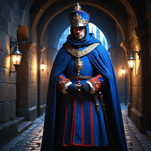 Prompt: (Queen's guard with robe on using blue magic), fantasy style, vibrant colors with rich blue glowing magic, magical medieval streets, atmospheric, dramatic lighting, elaborately designed medieval architecture, cobblestone streets, mystical ambiance, high depth, ultra-detailed, cinematic, 4K, intricate details on the robe, glowing blue magical aura, high contrast, enchanting mood, photorealistic characters, fantasy realism, dark and moody background, surrounded by mysterious shadows.