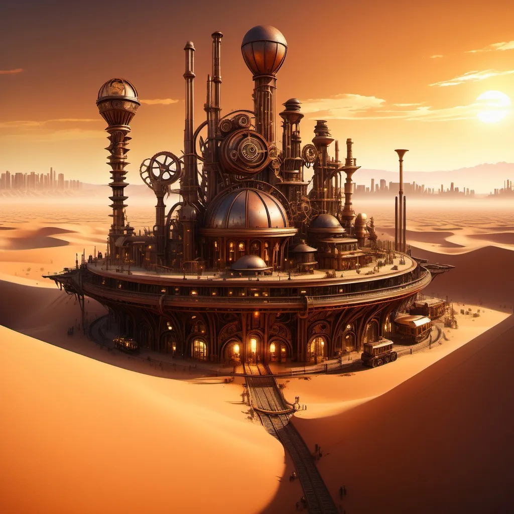 Prompt: (huge steampunk city in a desert), stunning (sunset lighting), golden and burnt orange skies, enormous city, intricate mechanical structures, sprawling pathways, wooden and metal designs, dusty landscapes, oasis in the background, warm and inviting ambiance, high-quality detail, 4K, atmospheric, dramatic contrasts between shadows and light.