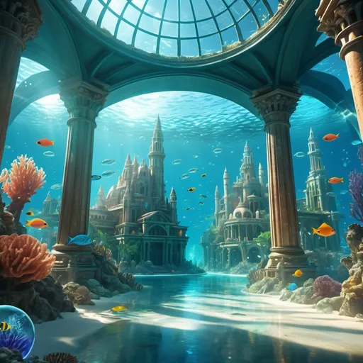 Prompt: (Atlantis city in a protective dome), fantasy style, vibrant colors, cinematic lighting, city, ethereal glow, mystical atmosphere, ancient architecture with intricate details, coral reefs and underwater plants surrounding the bubble, schools of fish in the background, crystal clear water, light rays piercing through the water, ultra-detailed, 4K, high resolution, visually stunning, breathtaking scene, otherworldly ambiance, awe-inspiring.