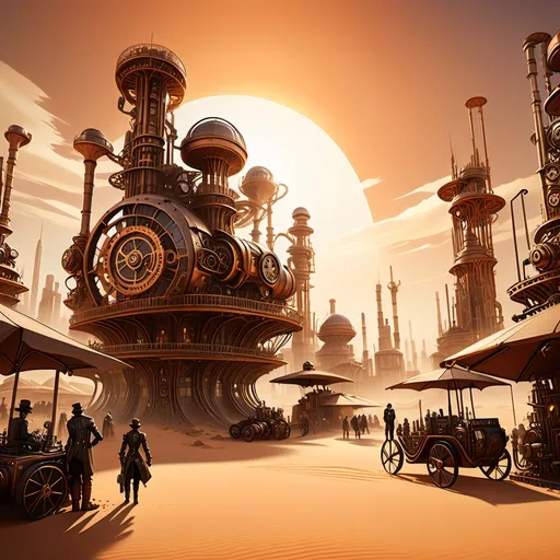 Prompt: (steampunk city in a desert), stunning (sunset lighting), golden and burnt orange skies, enormous city, intricate mechanical structures, sprawling pathways, wooden and metal designs, dusty landscapes, oasis in the background, warm and inviting ambiance, high-quality detail, 4K, atmospheric, dramatic contrasts between shadows and light.