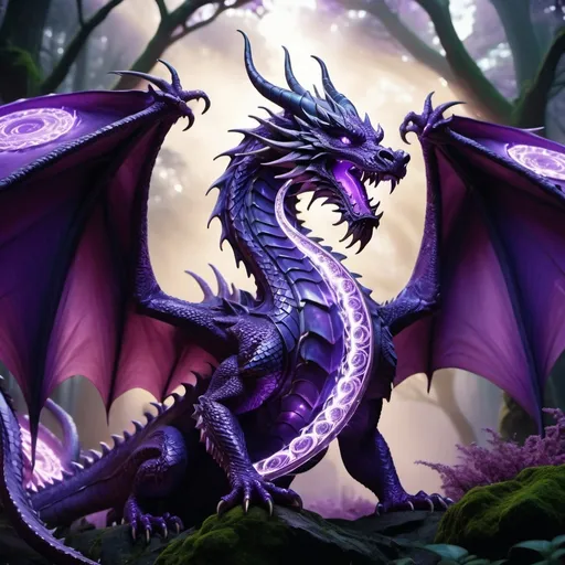 Prompt: (huge purple dragon), wielding (magic chakram), dramatic pose,  holding chakram, fierce expression, sharp wings, enormous dragon, intricately detailed scales shimmering in varying shades of lavender and violet, surrounded by an aura of swirling mystical energy, elements of fantasy, dynamic background with enchanted forest, high quality 4K, vibrant lighting, showcasing beauty and power in the mystical world.