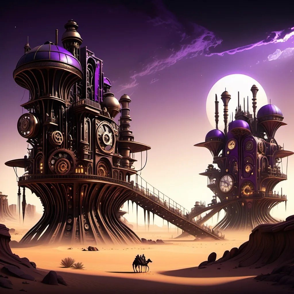 Prompt: (huge steampunk city in a desert), stunning (night lighting), black and purple skies, enormous city, intricate mechanical structures, sprawling pathways, wooden and metal designs, dusty landscapes, oasis in the background, warm and inviting ambiance, high-quality detail, 4K, atmospheric, dramatic contrasts between shadows and light.