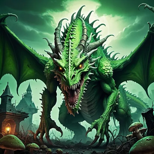 Prompt: Fantasy illustration of a massive green plague undead dragon, size of a city, creepy mushroom spores, eerie atmosphere, high quality, fantasy style, detailed scales, menacing presence, toxic green hues, misty environment, dramatic lighting, haunting, monstrous, epic fantasy, undead, plague-infested, detailed mushrooms, mystical