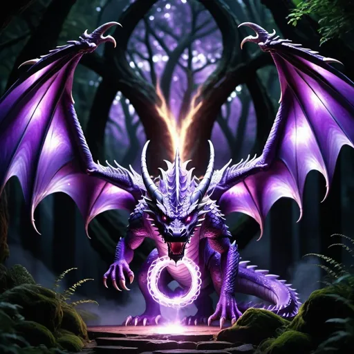 Prompt: (huge purple dragon), wielding (magic chakram), dramatic pose,  holding chakram, fierce expression, sharp wings, enormous dragon, intricately detailed scales shimmering in varying shades of lavender and violet, surrounded by an aura of swirling mystical energy, elements of fantasy, dynamic background with enchanted forest, high quality 4K, vibrant lighting, showcasing beauty and power in the mystical world.