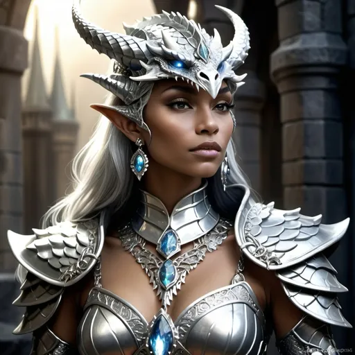 Prompt: Silver dragonborn queen, fantasy art style, majestic presence, intricate silver scales, regal armor and jewelry, mystical aura, high quality, fantasy, dragonborn, majestic, regal, silver tones, detailed scales, fantasy art style, mystical aura, royal armor, majestic presence, elaborate jewelry, atmospheric lighting