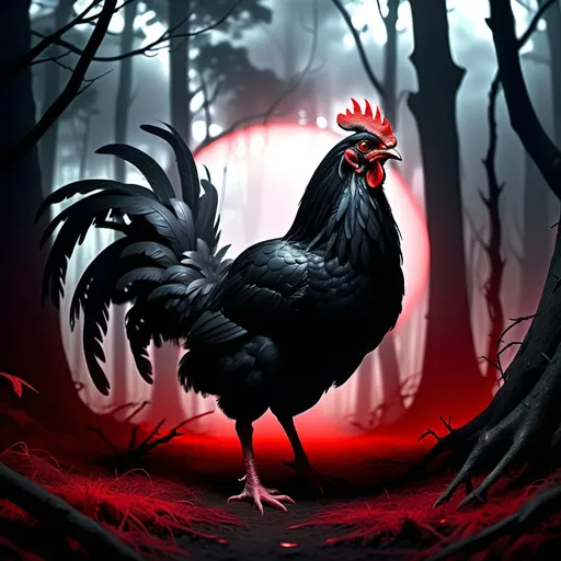 Prompt: (black chicken), glowing red eyes, surrounded by shadowy silhouettes, deep dark forest atmosphere, eerie and mysterious ambiance, muted colors contrasted with striking red highlights, fog shrouding the ground, soft ethereal lighting filtering through dense trees, ultra-detailed features, cinematic depth, high-quality nature scene, capturing tension and the unknown.