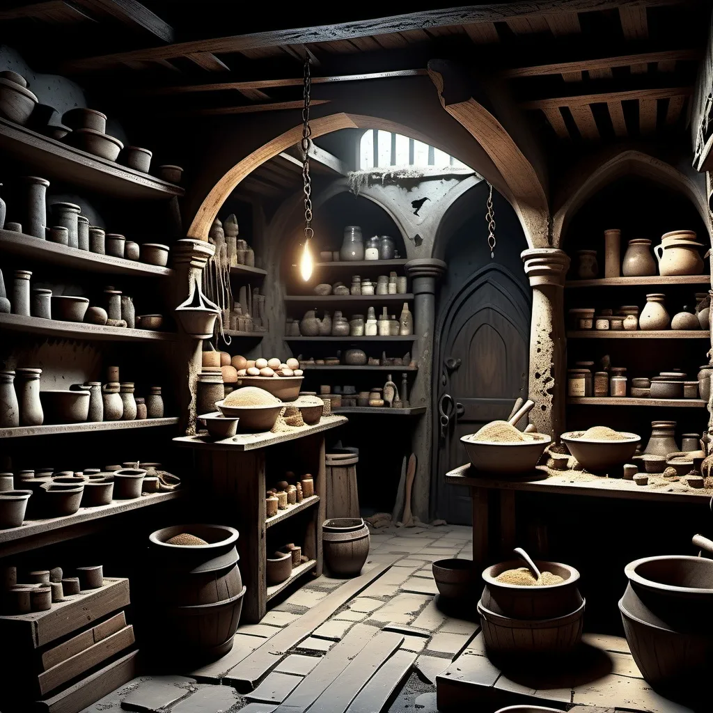 Prompt: (dark big baker's basement), fantasy style, big open space, dimly lit, no lights on, eerie atmosphere, gothic, shadowy corners, old wooden beams, dusty shelves filled with peculiar ingredients, cobwebs, worn-out stone floor, mystical objects scattered around, enchanted bakery tools, medieval elements, intricate details, muted color palette, cool tones, mysterious vibe, high contrast, high depth cinematic masterpiece, 4K, ultra-detailed.