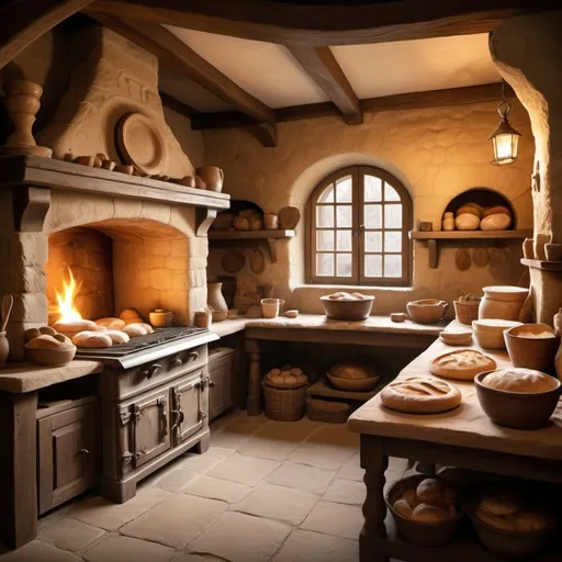 Prompt: Medieval baker's kitchen, large stone stove, breadmaking process, detailed wood carvings, warm and cozy atmosphere, fantasy art style, earthy tones, soft warm lighting, rustic charm, detailed bread dough, bustling kitchen activity, high quality, fantasy, medieval, detailed carvings, cozy lighting, breadmaking process, warm atmosphere