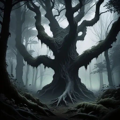 Prompt: (dark and ominous forest), eerie shadows, thick underbrush, ancient trees looming overhead, muted color tones, mist rolling through the branches, haunting atmosphere, dim and haunting light, foreboding silhouettes in the distance, high detail, ultra-detailed, immersive depth, atmospheric and unsettling vibe.