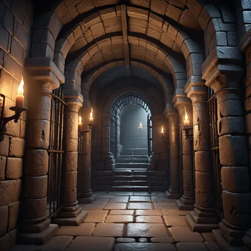 Prompt: (fantasy dungeon), clean environment, prison cells, thick iron bars, high fantasy style, dimly lit with torches, stone walls with intricate carvings, medieval architecture, magical glow, atmospheric mood, cool tones with hints of warm CGI lights, shadows cast by bars, slightly mystical ambiance, detailed backgrounds, ancient and untouched feel, ultra-detailed, 4K, high resolution, cinematic detailing, ultra-realistic rendering.