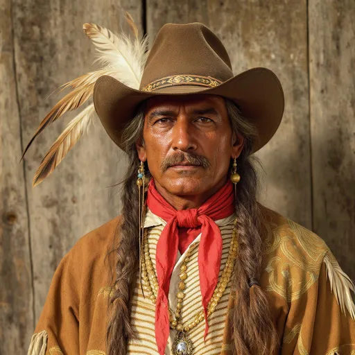 Prompt: Please create an image of a late nineteenth century American midwestern cowboy wearing a Ten-gallon hat with feathers and rattlesnake tail, shoulder-length hair with beads woven in, ostrich boots with gold embroidery.				