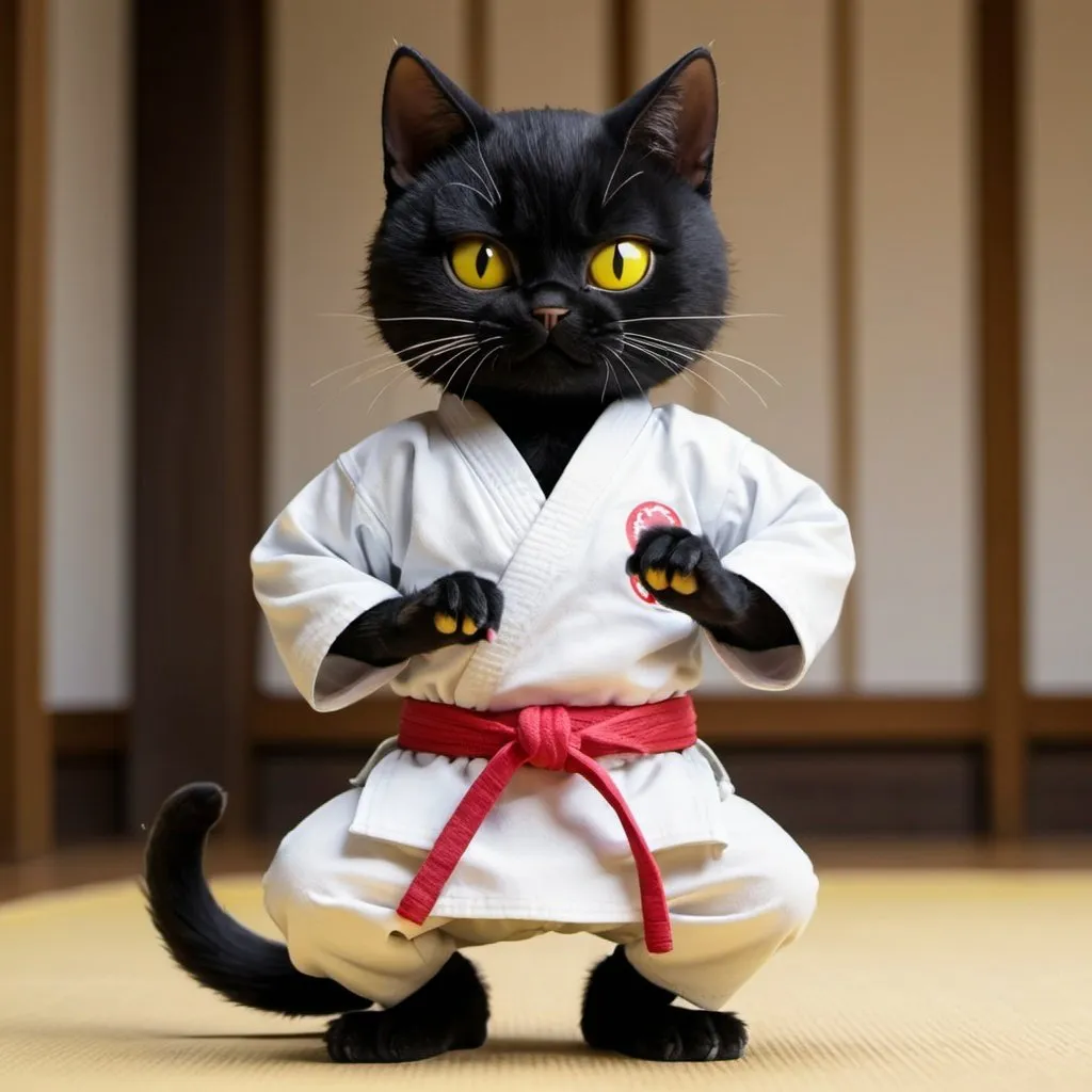 Prompt: Black cat yellow eyes ready for karate, dressed in GI, 8k 