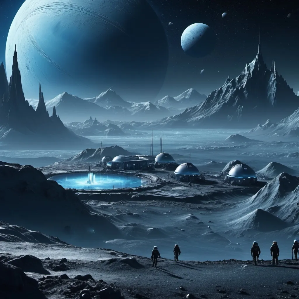 Prompt: Colony on Enceladus, (futuristic settlement), icy landscape, dramatic cryovolcanoes in the background, starry night sky filled with distant galaxies, bioluminescent structures illuminating the colony in cool blue tones, (advanced technology), spacecraft hovering, high-resolution, ultra-detailed, cinematic atmosphere, (intriguing science fiction theme), thriving alien ecosystem, explorer activity, serene yet adventurous vibe.