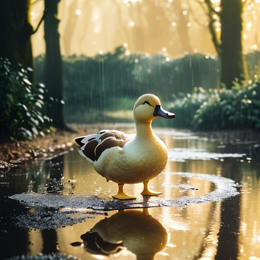 Prompt: Adorable Duck happily playing in a puddle, in the rain, woodland area, golden light, light leaks, golden hour, over-the-shoulder shot