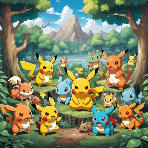 Prompt: Game-Pokemon style illustration of a Pikachu surrounded by Bulbasaur, Charmander, Squirtle, Pidgey, Ratata, Spearow, Ekans, Sandshrew, Nidorina, and Vulpix in a scenic wooded area