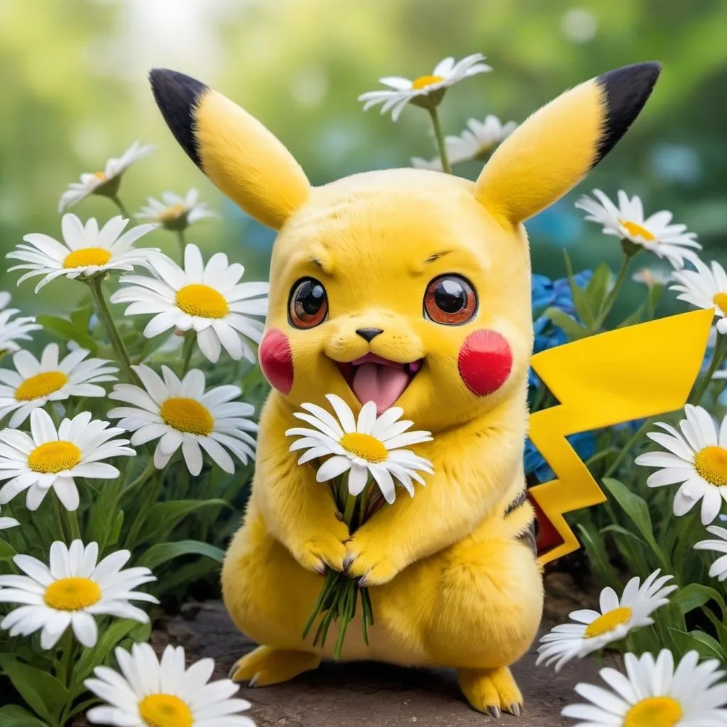 Prompt: Game-Pokemon image of Pikachu holding a beautiful colorful bouque of white daisies with a grateful expression.